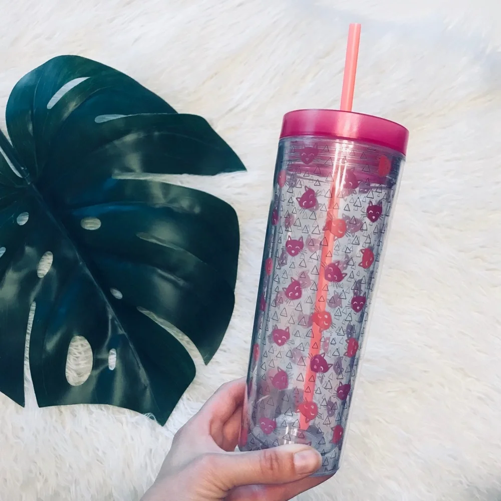 Target cat print tumbler drinking water cup with straw kitty graphic pink clear